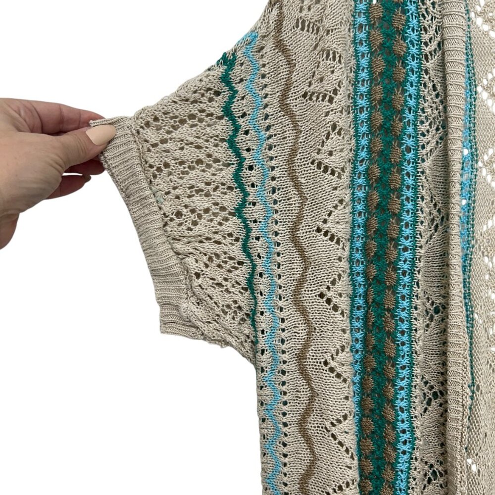 Chico's 100% linen crochet Teal Mix Fringe Detail Cardigan women's size 2 / L - Picture 6 of 8